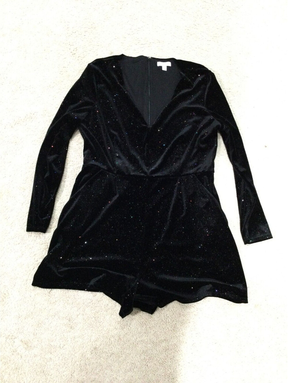 Candie's Women Velvet Black Multicolor Glitter Romper Long Sleeve Pockets Sz XL
